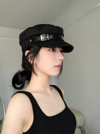 日韩辣妹鸭舌帽子女皮扣平顶百搭休闲八角帽复古ins显脸小贝雷帽