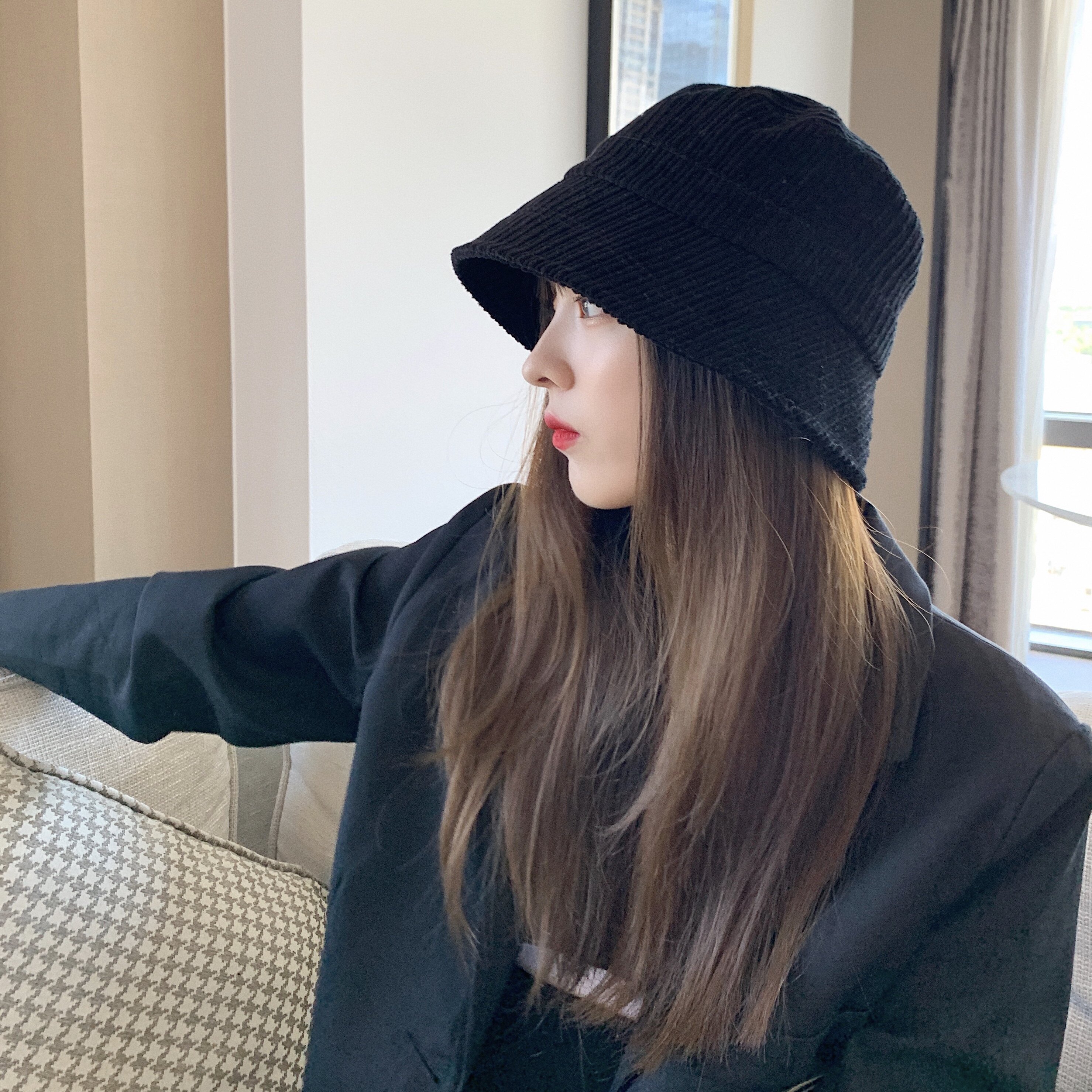 酷盖少女软糯灯芯绒平顶渔夫帽子