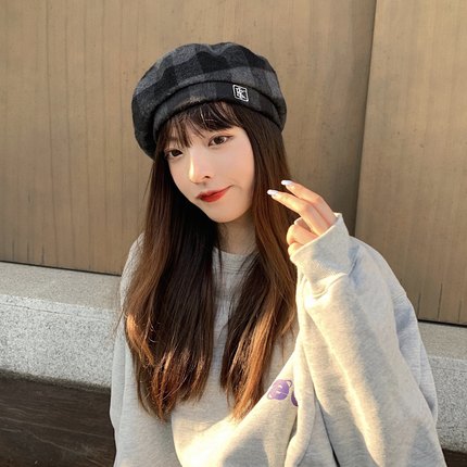 【JENNIE风】新款秋冬天时髦贝雷帽子女韩版百搭格纹毛呢画家帽潮