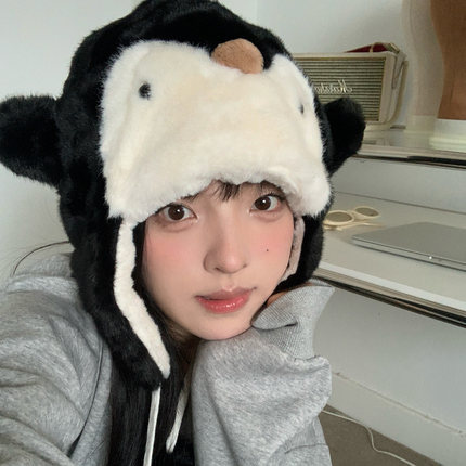 可爱卡通企鹅保暖毛绒帽子女秋冬加厚学生防寒护耳雷锋帽骑车防风
