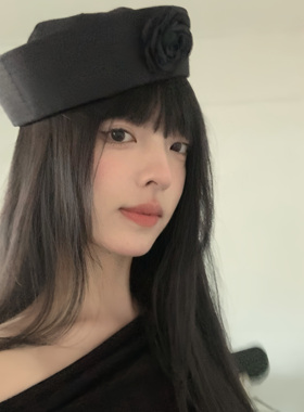 原创设计韩国ins网红黑色玫瑰花贝雷帽女暗黑海军帽翻檐帽水手帽