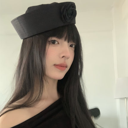 原创设计韩国ins网红黑色玫瑰花贝雷帽女暗黑海军帽翻檐帽水手帽
