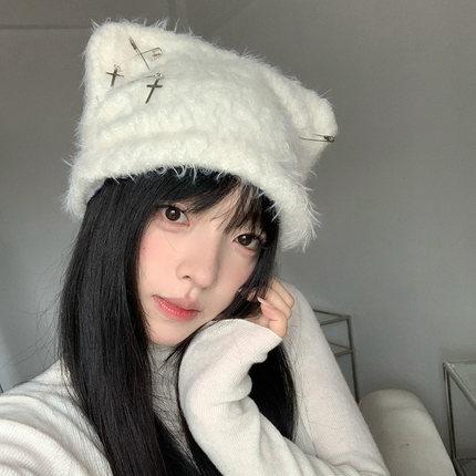 韩版甜美十字架别针猫耳帽女冬季毛茸茸大头围显脸小针织毛线帽潮