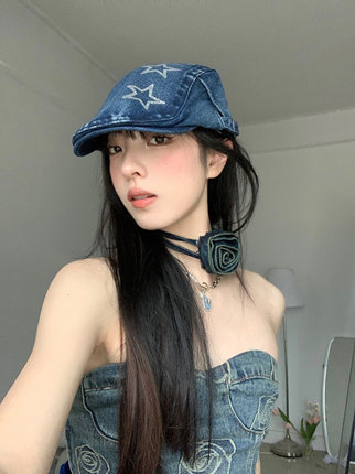 牛仔女孩~复古水洗做旧烫钻星星牛仔前进帽女y2k百搭时尚鸭嘴帽潮
