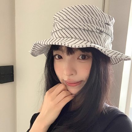 韩版文艺褶皱条纹平顶渔夫帽女春夏新款小众设计棉麻薄款遮阳盆帽