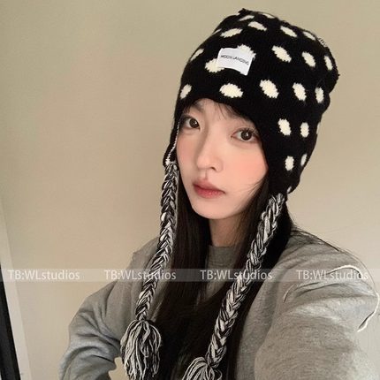 韩国博主同款双面佩戴波点针织雷锋帽女可爱流苏护耳毛线帽包头帽