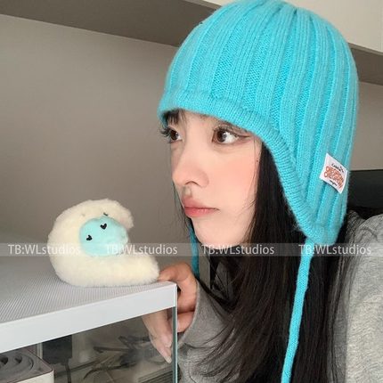 显白！韩国博主同款秋冬绑带护耳毛线帽子女百搭保暖针织帽冷帽潮