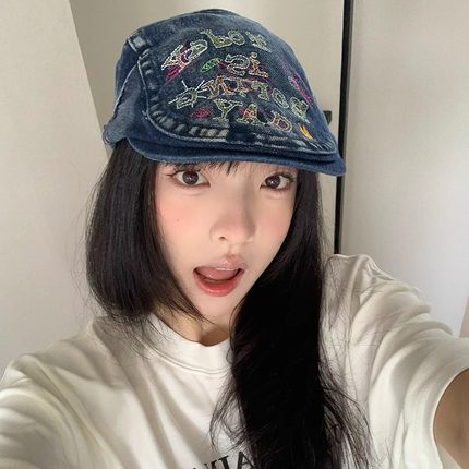复古水洗做旧牛仔前进帽女春夏季显脸小反戴贝雷帽大头围鸭舌帽子