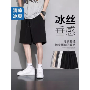 男士 薄款 运动中裤 宽松胖子黑色冰丝五分男裤 夏季 子短裤 五弹短裤