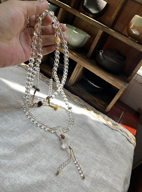 天然白水晶圆珠约8搭配白水晶九尾狐圆珠925银配饰108佛珠念珠款