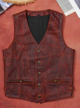复古头层油蜡蜡染牛皮真皮皮衣男士工装马甲机车坎肩薄款外套背心