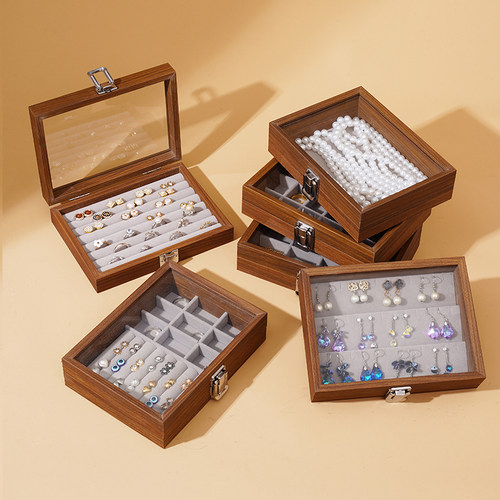 胡桃木色珠宝箱戒指项链收纳盒