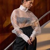 Shirt欧美女士衬衫 白色网纱透明感长袖 衬衣时尚 Sexy 2025新款