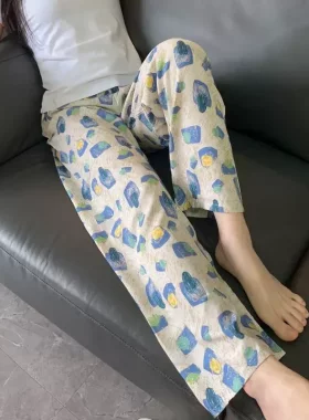 棉绸睡裤女士夏季薄款大码人造绵绸可外穿家居碎花长裤子直筒宽松