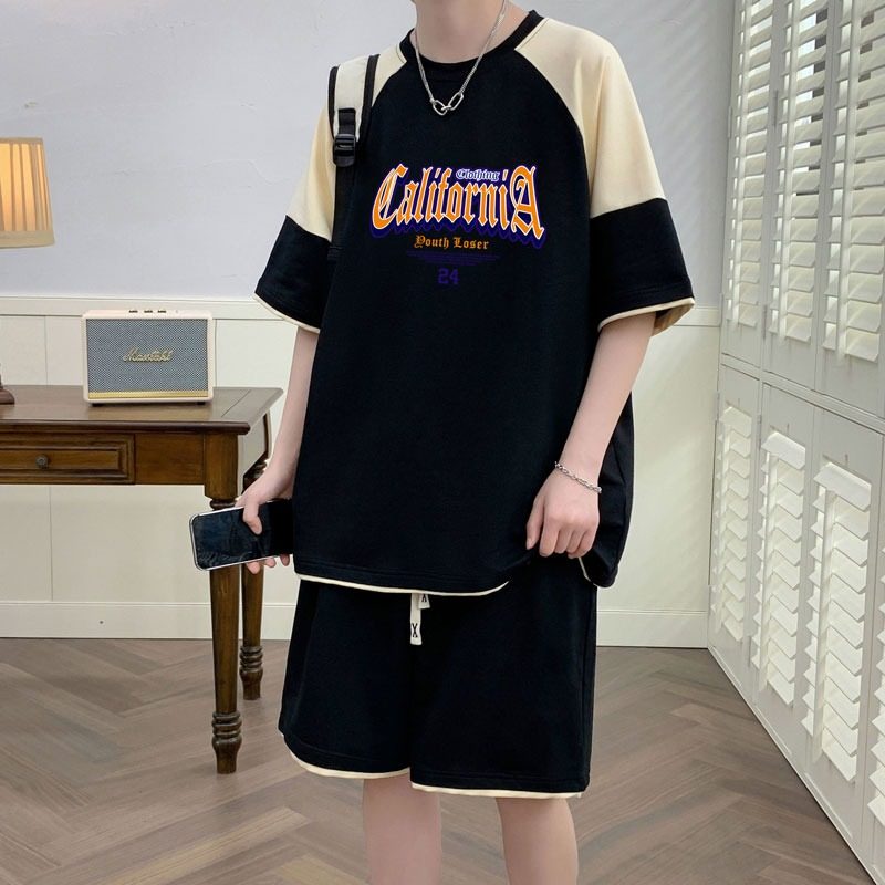 2023新款夏季青少年短袖t恤男运动套装初中高中学生帅气大童男装