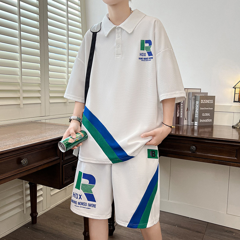 初中高中学生潮流短袖t恤男孩polo衫青少年大童夏季帅气运动套装