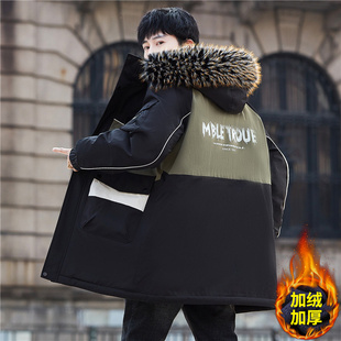 冬季青少年中长款棉衣男款初中高中学生加绒加厚外套冬装保暖棉服