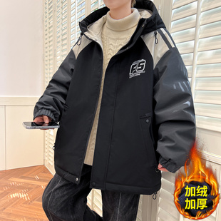 秋冬款加绒外套男孩初中高中学生加厚棉服青少年帅气大童冬装夹克