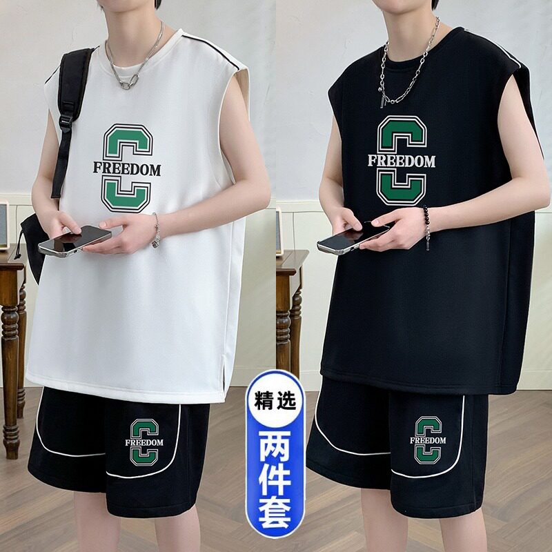 青少年无袖t恤男孩夏季运动套装初中高中学生篮球衣服胖大童夏装