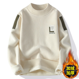 秋冬季半高领毛衣男款初中高中学生加绒加厚线衣青少年针织打底衫