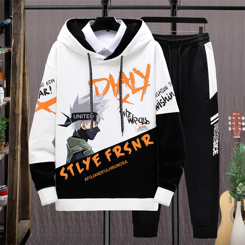 青少年秋冬季加绒加厚卫衣男孩套装初中学生潮流外套帅气大童男装