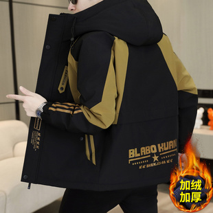 秋冬季青少年加绒加厚外套男孩初中高中学生帅气大童冬装棉服夹克