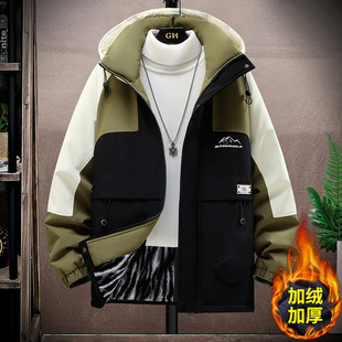 秋冬款加绒外套男孩初中高中学生帅气加厚棉服青少年大童冬装夹克