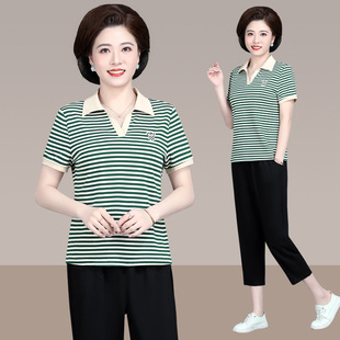 品牌折扣中年妈妈夏装两件套中老年人休闲运动服套装女春夏季短袖