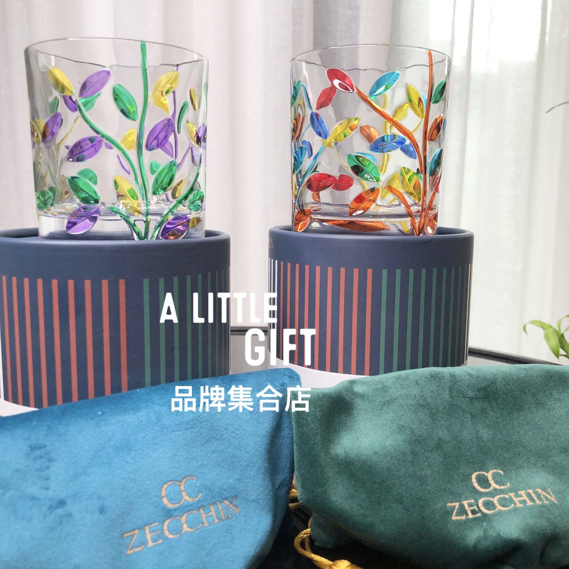 意大利进口ZECCHIN穆拉诺彩绘叶纹水晶玻璃水杯威士忌酒杯礼盒