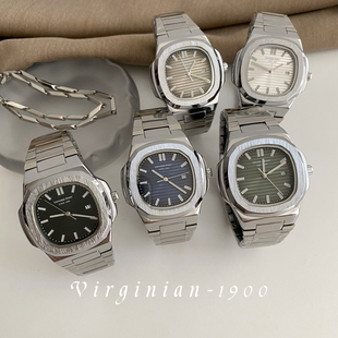 【Virginian1900】方形鹦鹉螺日历夜光钢带防水正品时尚男手表