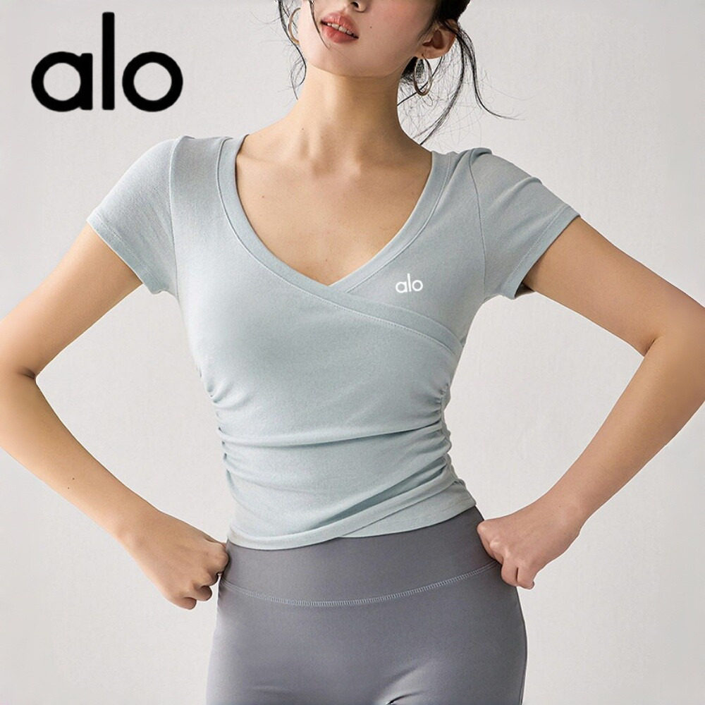 AIo 交叉V领瑜伽服上衣短款女夏季修身舞蹈运动t恤速干衣健身短袖