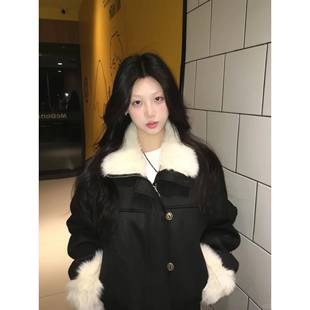 冬季 棉服女2025新款 加厚皮毛一体高级感毛毛外套 毛领短款 黑色修身
