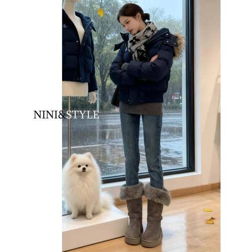 覆古蓝加绒紧身牛仔裤女2025年秋冬新款高腰修身显瘦小脚铅笔裤子