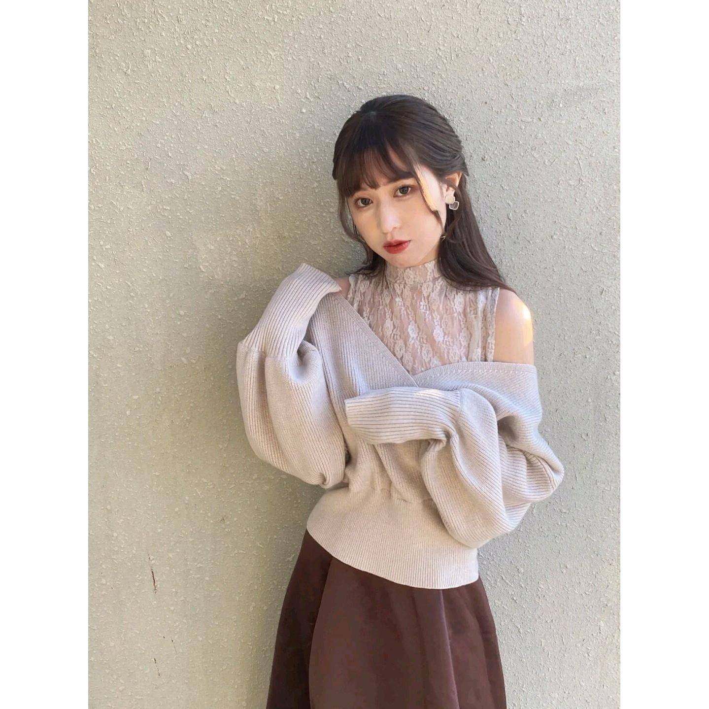 GRL春季新款女日系甜美蕾丝领显瘦落肩袖纯欲针织衫假两件毛衣