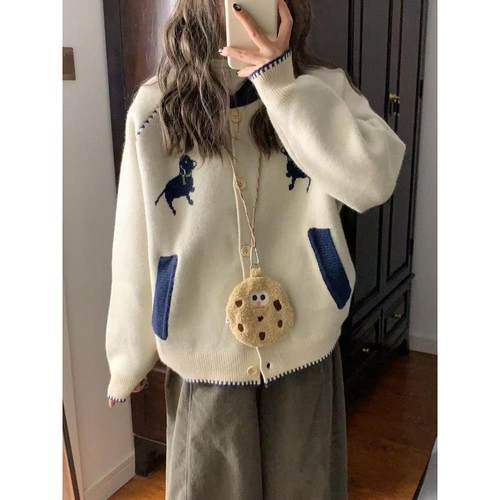 加厚版！慵懒风撞色单排扣毛衣开衫女冬季新款韩版宽松针织外套潮