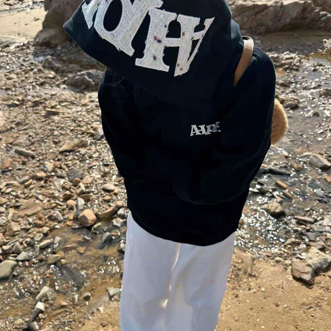 美式复古帽子字母贴布刺绣连帽卫衣女秋冬加绒宽松慵懒风情侣外套