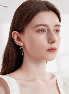 灰色珍珠蝴蝶结耳环女2026新款爆款轻奢小众气质耳钉一款两戴耳饰