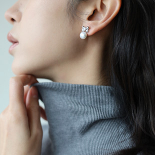 【小器饰品】新款镀18k白金天然珍珠蝴蝶结耳钉1微米厚镀不易掉色