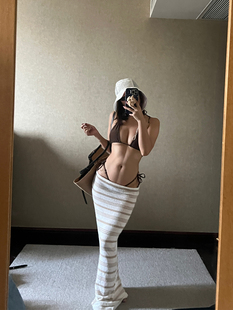 DINDI 针织条纹半身长裙度假风包臀弹力沙滩波西米亚休闲显瘦修身