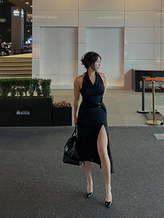 DINDI 绑带露背微透半透荡领收腰 垂感挂脖高开衩连衣裙中长款