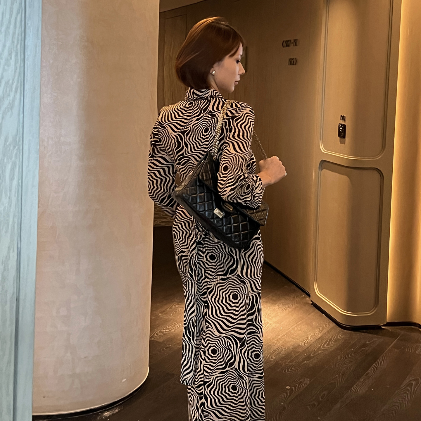 SECRET DINDI意式优雅斑马纹长袖连衣裙收腰显身材百搭气质裙子女