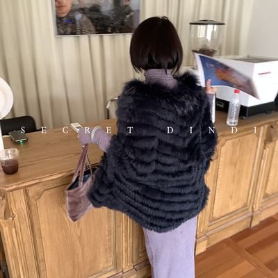 SECRET DINDI 不费力 兔毛手工编织皮草斗篷女冬季复古气质外套