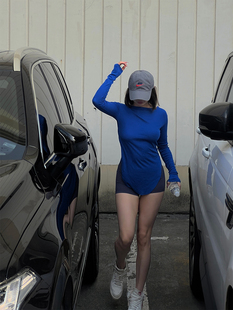 显瘦打底衫 修身 微透T恤休闲春夏 克莱因蓝收腰一字领长袖 DINDI