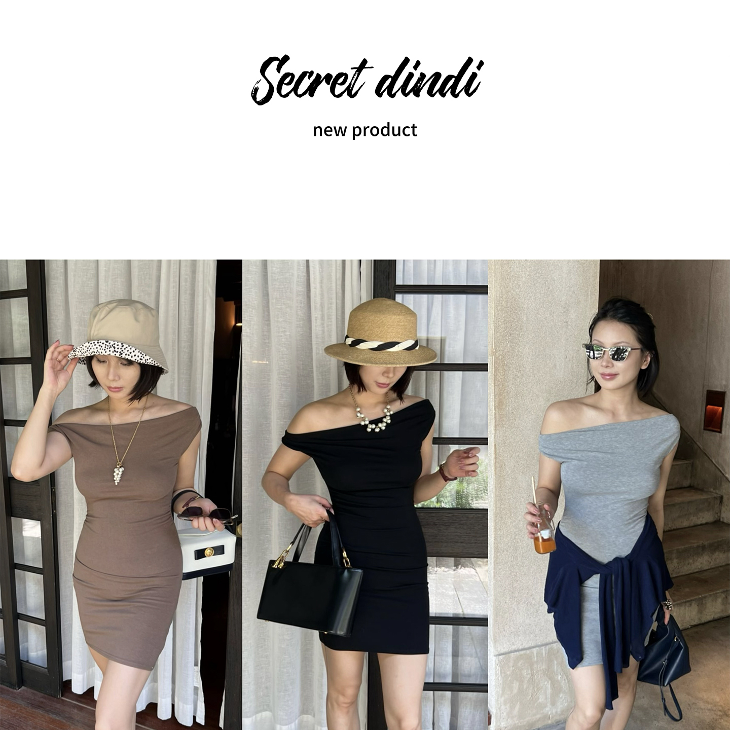 SECRET DINDI 打破常规 斜肩修身连衣裙女夏季复古高腰显瘦短裙