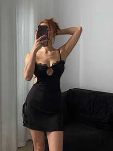 DINDI 露背开叉连衣裙女 吊带睡裙镂空一字肩蕾丝边性感修身