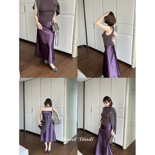 SECRET DINDI 午夜缪斯 缎面两穿紫色半身裙高腰A字裙无袖气质