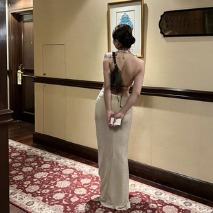 DINDI春夏新款 露背梦露荡领深v性感气质金丝礼服连衣长裙子女