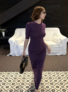 SECRET DINDI 神秘气息 早秋好版型中袖紫色套装女修身显瘦两件套