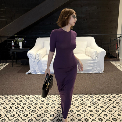 SECRET DINDI 神秘气息 早秋好版型中袖紫色套装女修身显瘦两件套