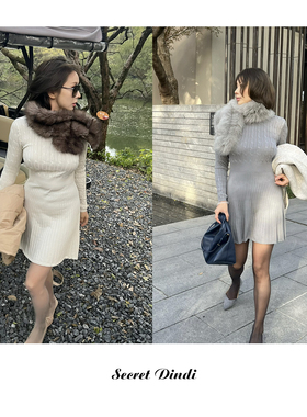SECRET DINDI绞花肌理圆领针织连衣裙休闲风收腰修身百搭长袖裙子